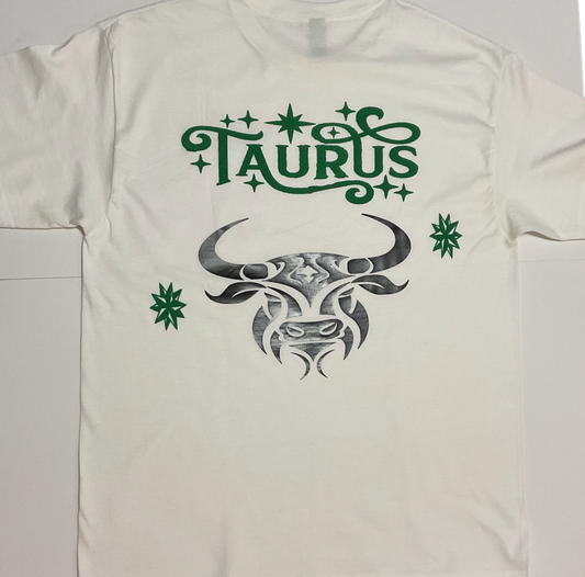 Taurus Zodiac Sign White Short Sleeve Shirt - Green Puff & Black design