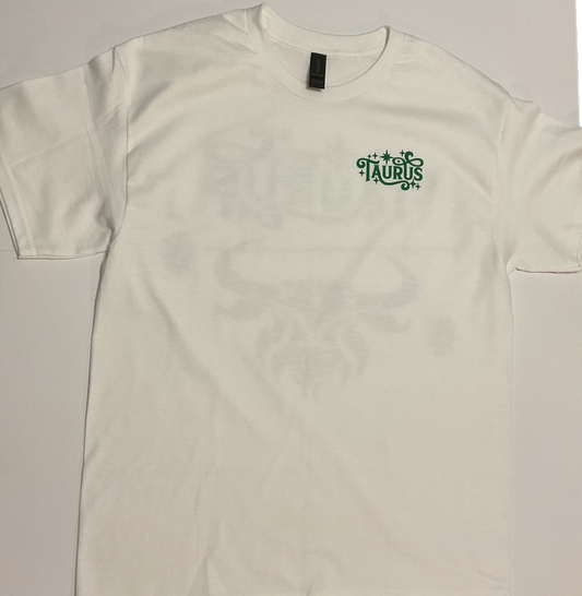 Taurus Zodiac Sign White Short Sleeve Shirt - Green Puff & Black design