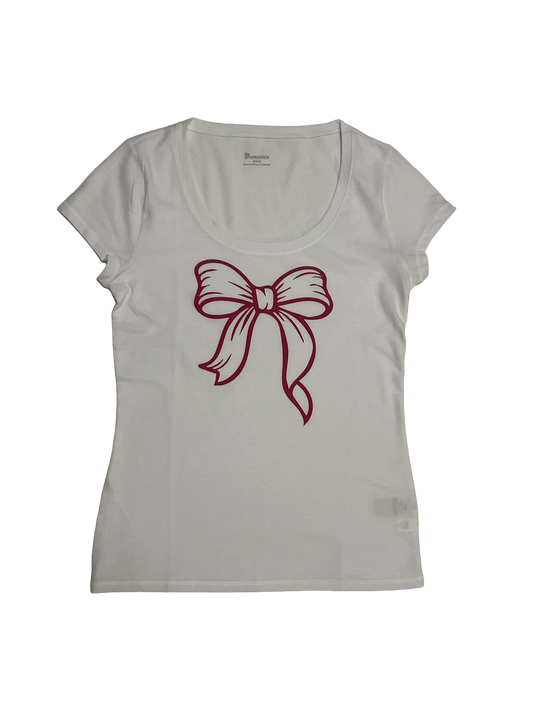 Women's White Short Sleeve Shirt with Big Dark Pink Bow