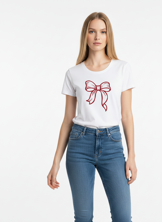 Women's White Short Sleeve Shirt with Big Dark Pink Bow
