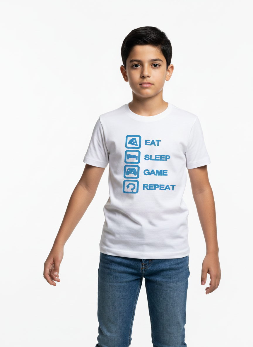 Boys White Eat Sleep Game Repeat Shirt