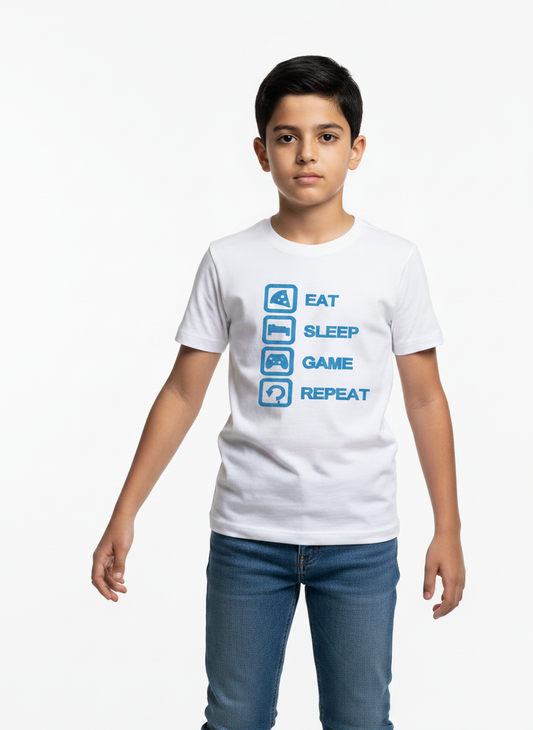 Boys White Eat Sleep Game Repeat Shirt