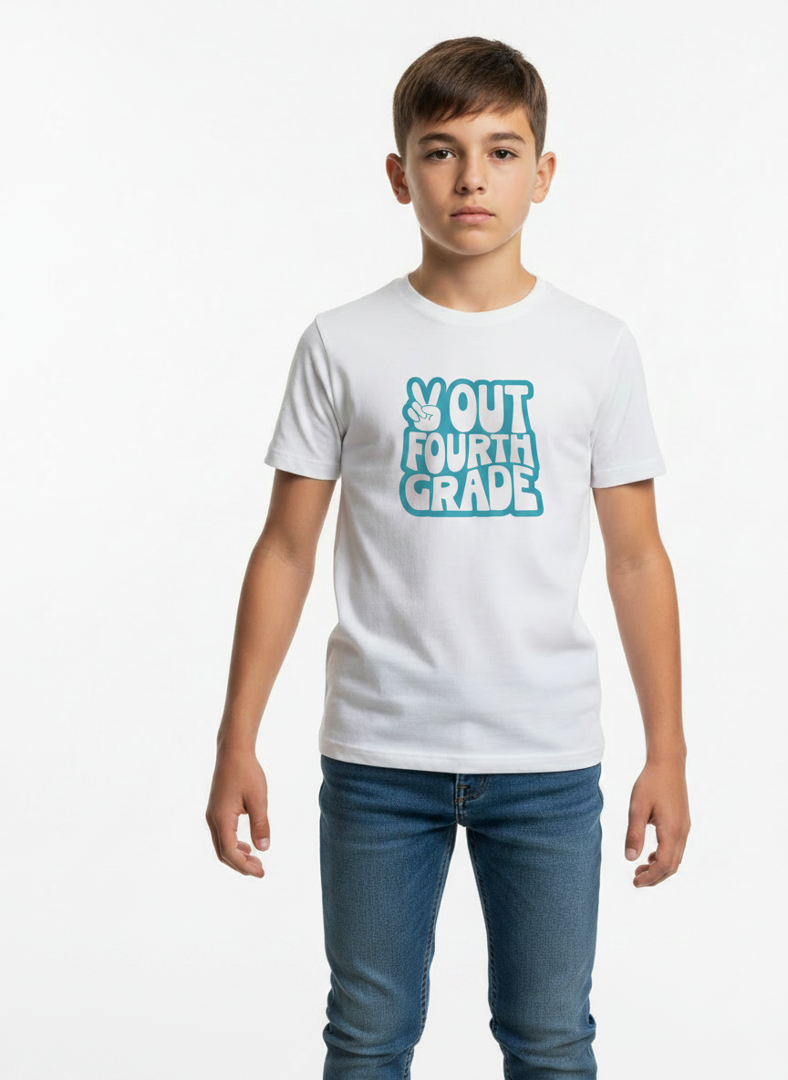 Peace Out Fourth Grade T-Shirt - Boys White Short Sleeve